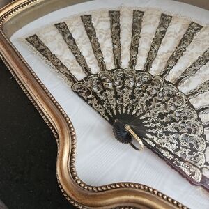 Stunning 19th century antique french  lace fan/inside vintage syroco wood frame.